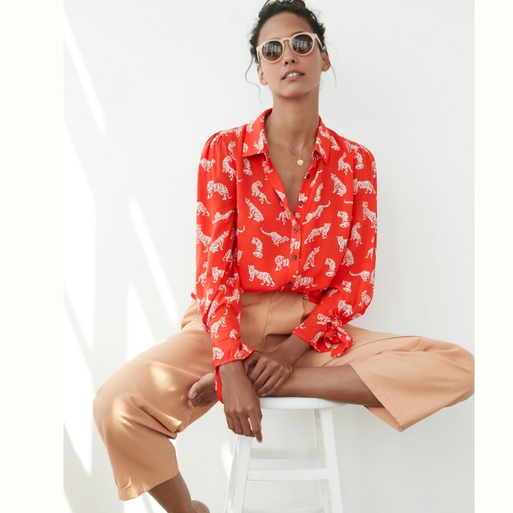 Anthropologie Margaret Jeane orange leopard blouse size 14